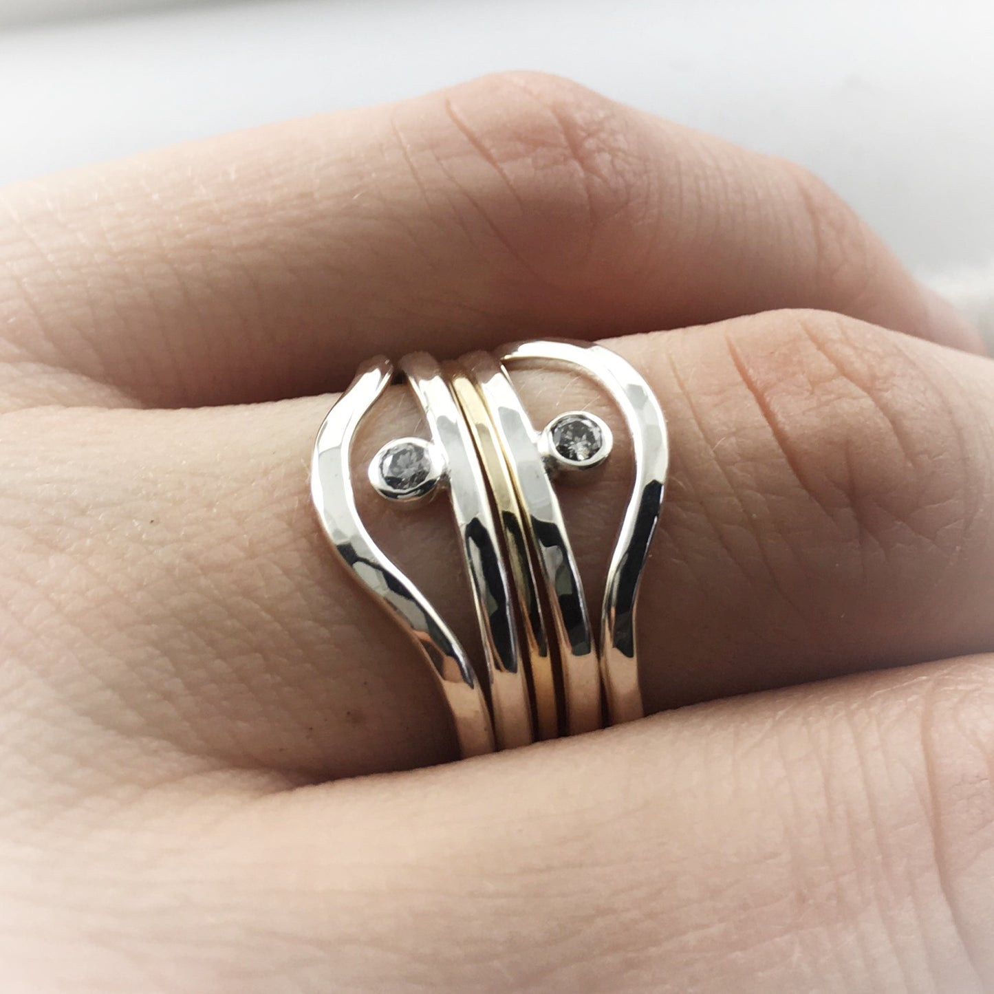 Stacking Eye Rings Set: sterling with salt and pepper diamond