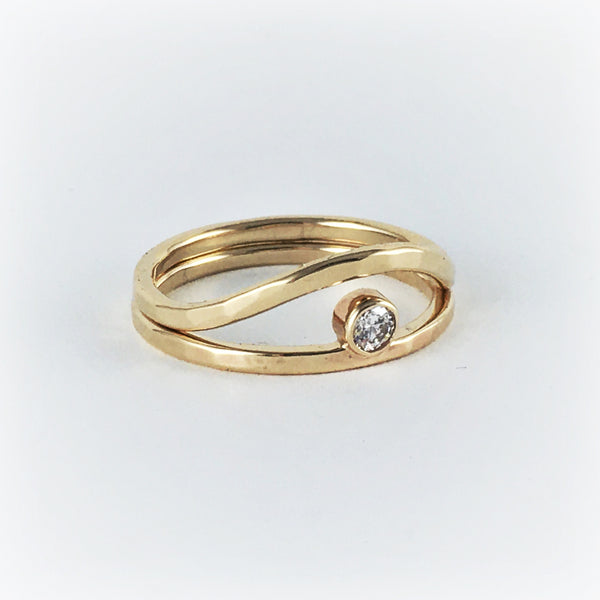 Gold Stacking Eye Rings Set: 14k yellow with salt and pepper diamond